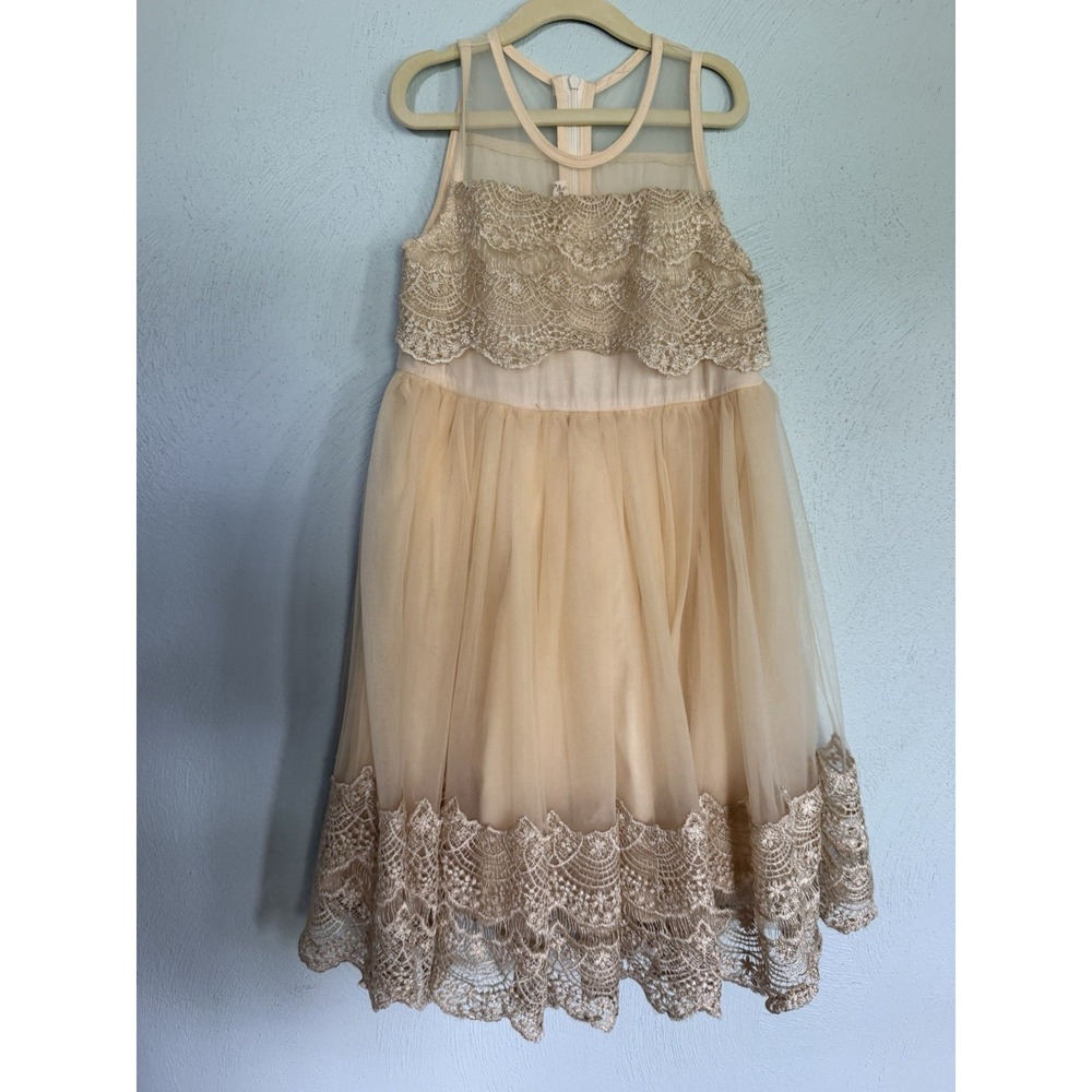 Just Couture Girls Tulle Lace Formal Nude Dress sheer overlay, gold trim Sz 15